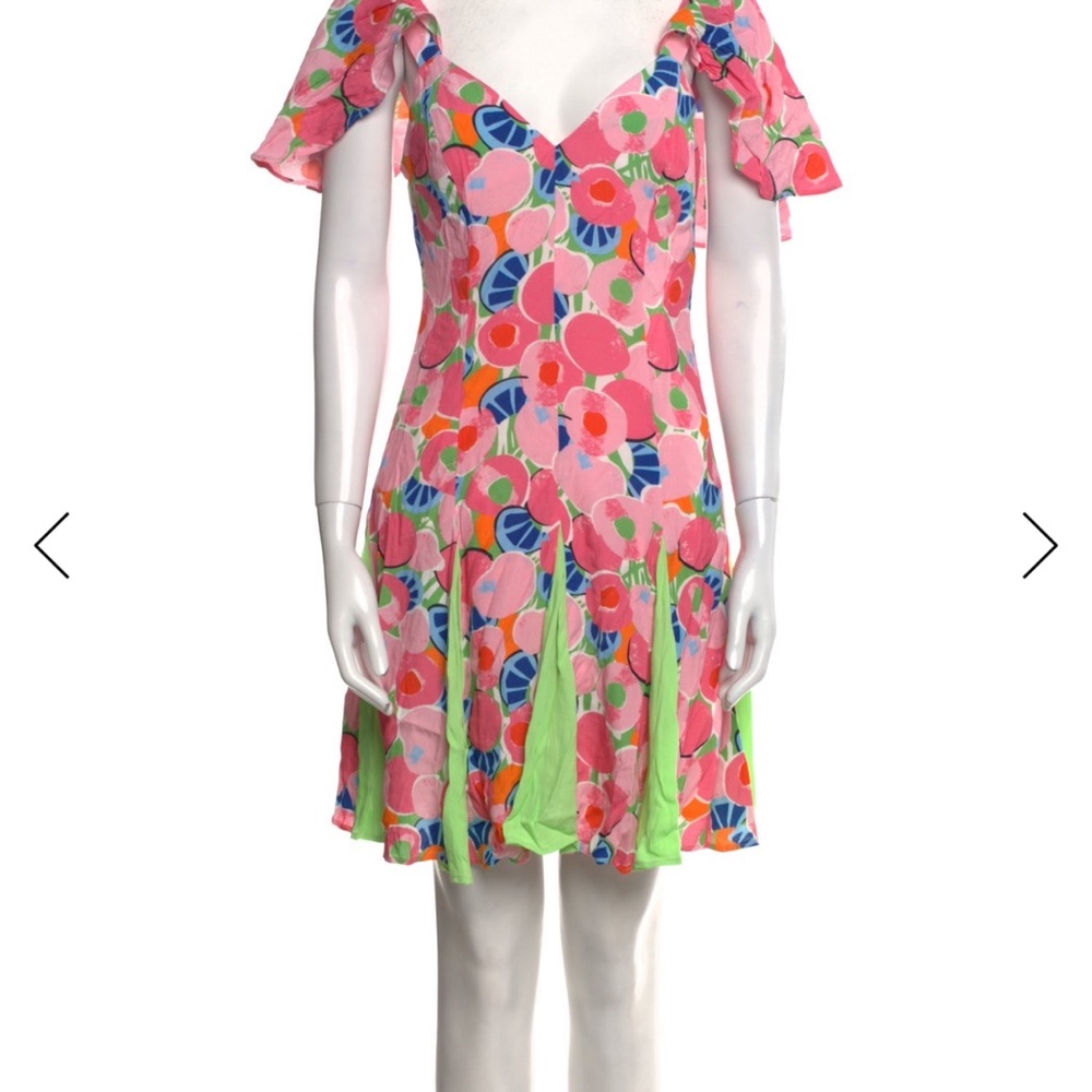 STAUD Pink Floral Mini Dress with Green & Blue Panel Inserts